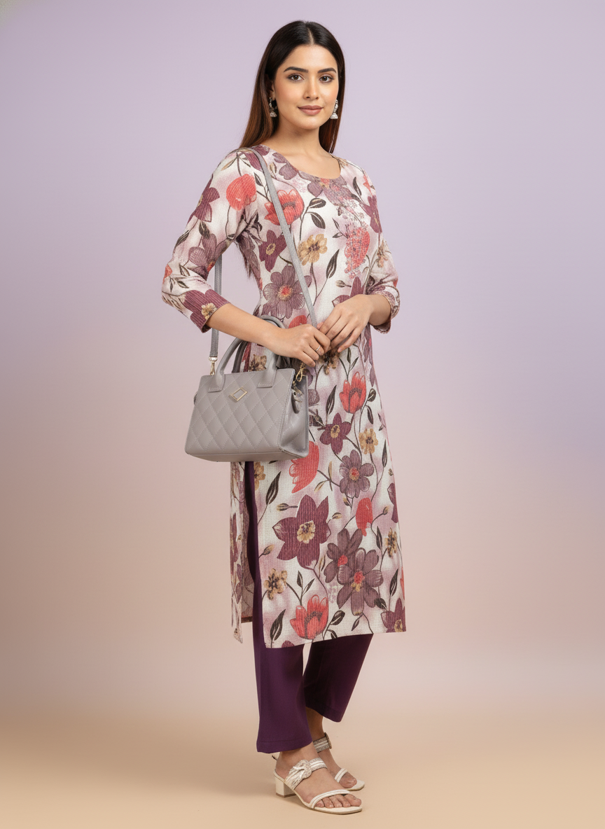 Purple Printed Kurti Set For Women| AS-00201