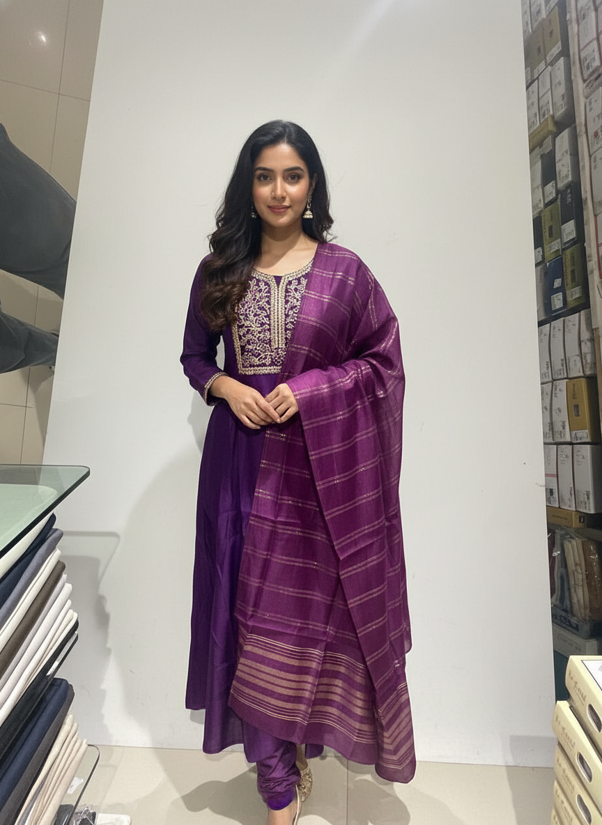 Purple Cotton Printed Anarkali  with Dupatta| AS-00178