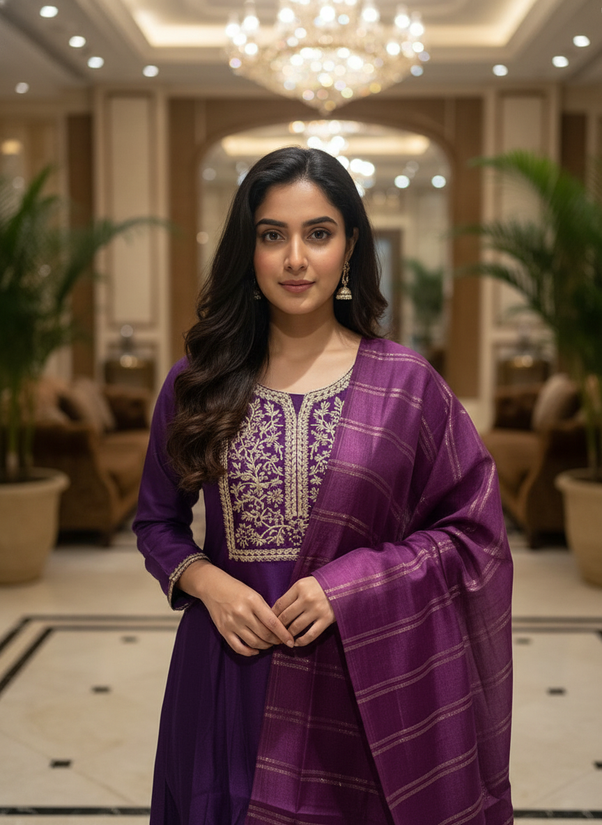 Purple Cotton Printed Anarkali  with Dupatta| AS-00178