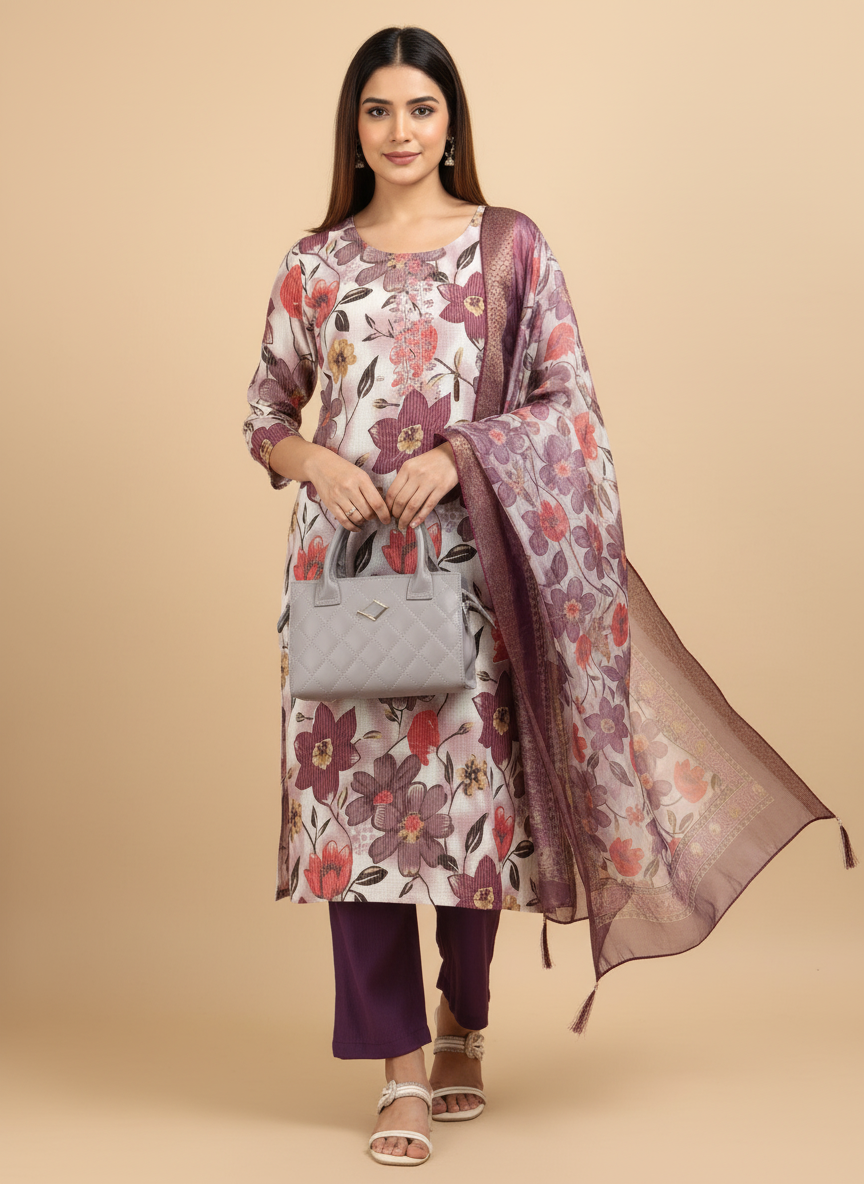 Purple Printed Kurti Set For Women| AS-00201