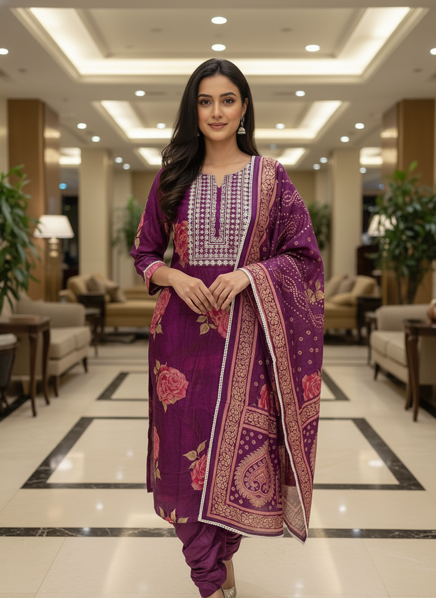 Purple Cotton Printed Salwar Suit with Dupatta| AS-00177