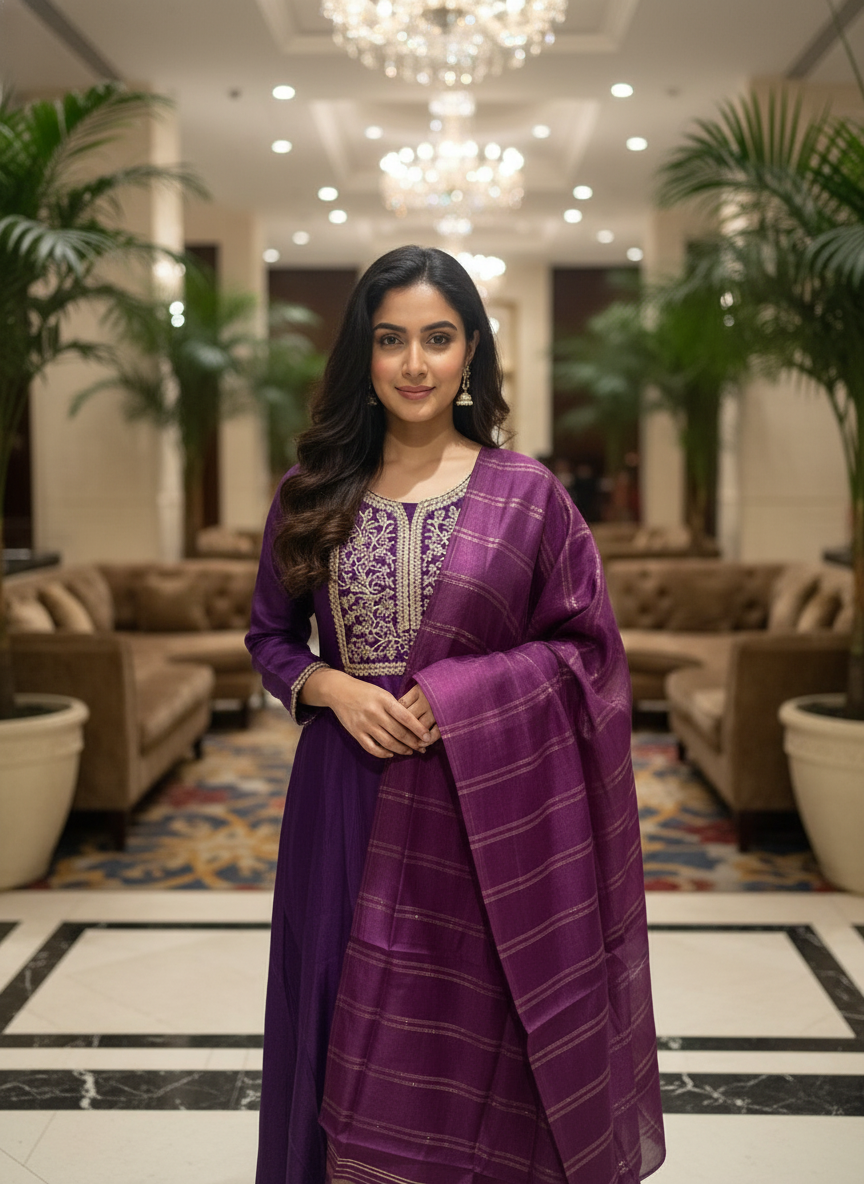 Purple Cotton Printed Anarkali  with Dupatta| AS-00178