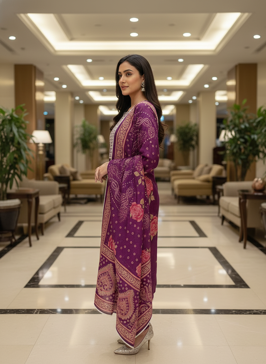 Purple Cotton Printed Salwar Suit with Dupatta| AS-00177