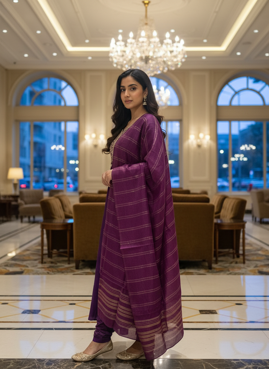 Purple Cotton Printed Anarkali  with Dupatta| AS-00178