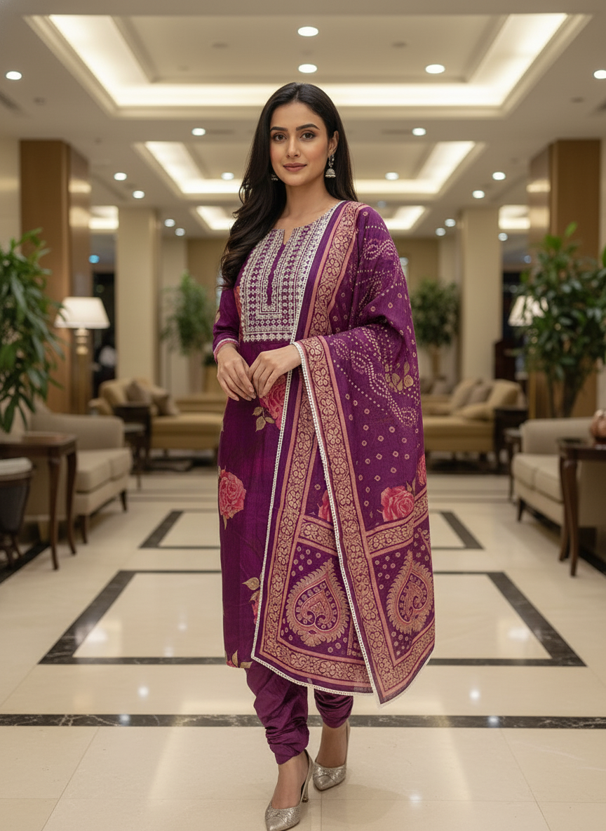 Purple Cotton Printed Salwar Suit with Dupatta| AS-00177