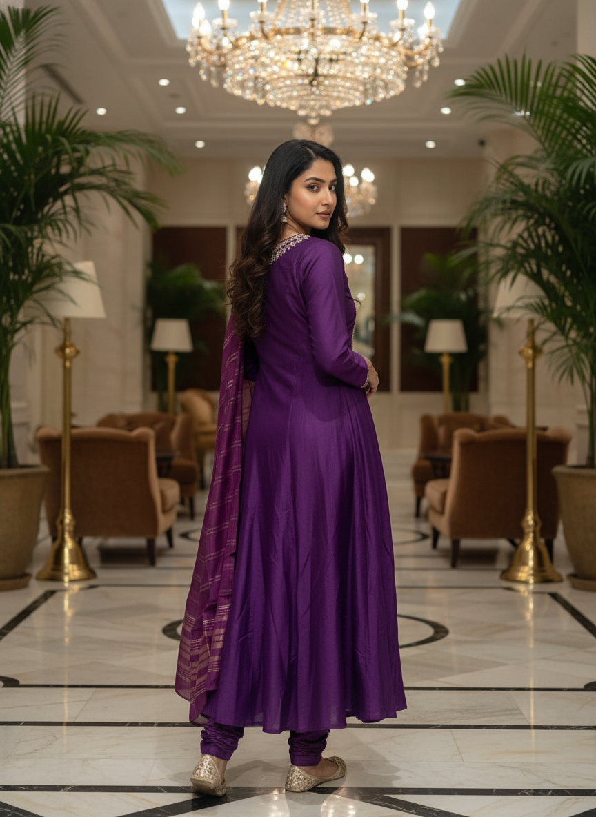 Purple Cotton Printed Anarkali  with Dupatta| AS-00178