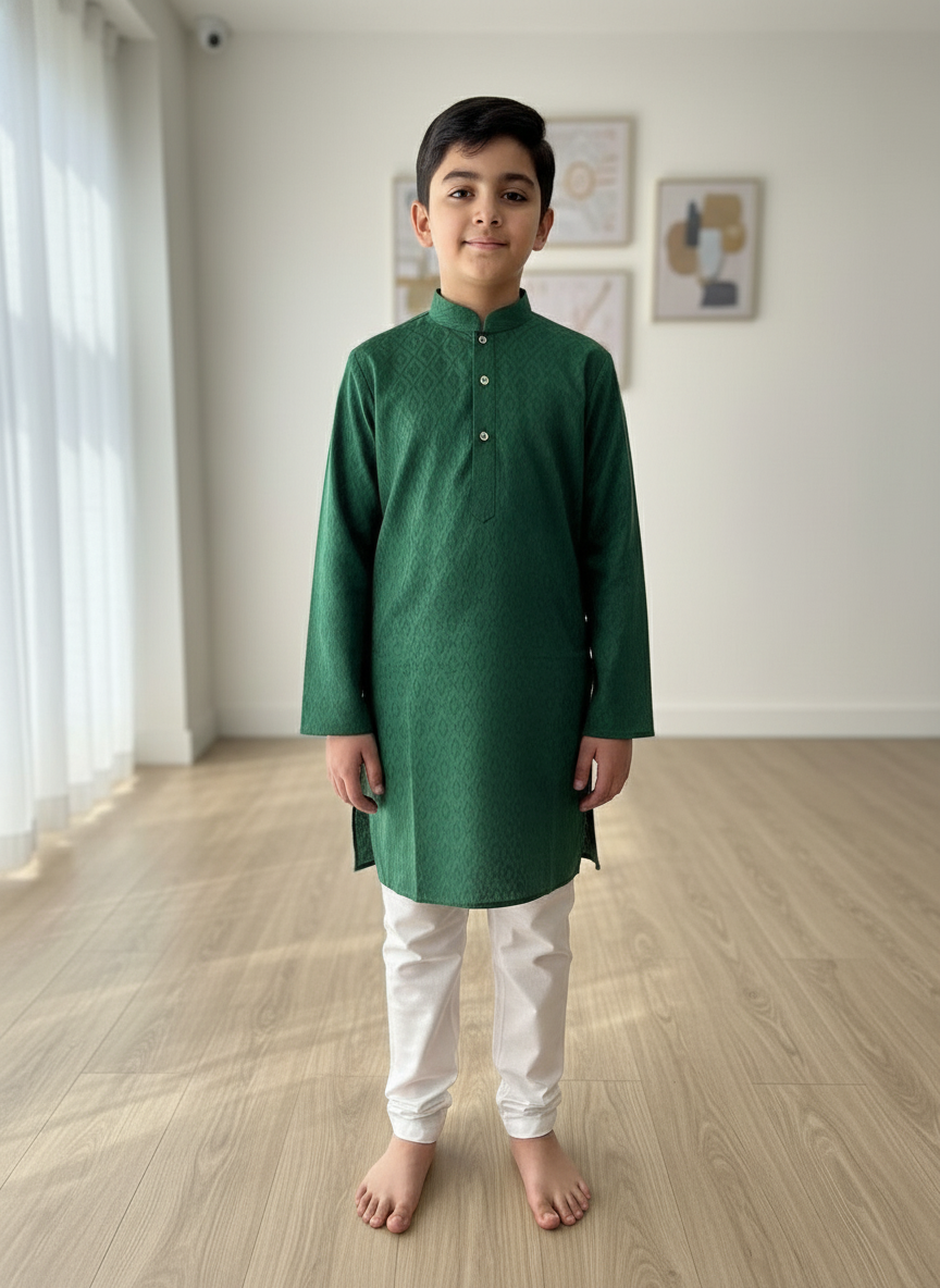 Rama green print Kurta with white Pajama Set For Boys | AS-K5