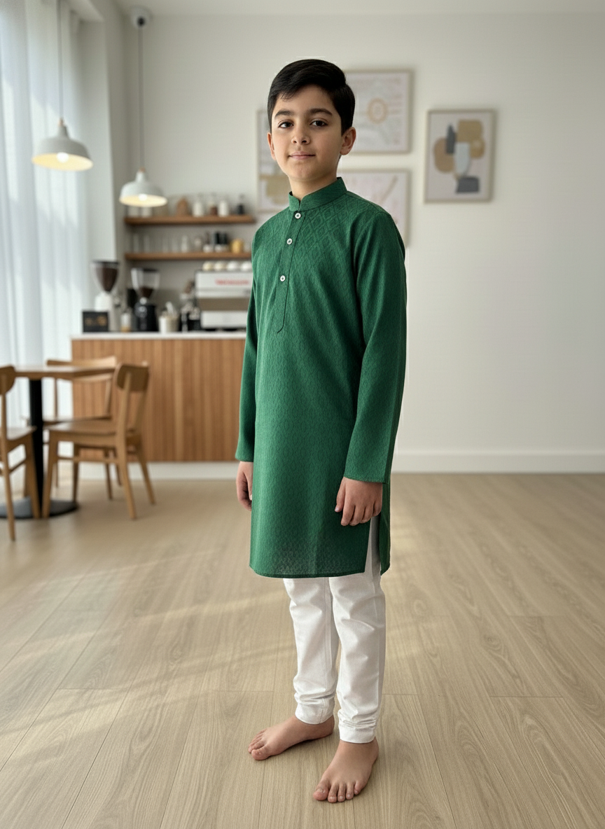 Rama green print Kurta with white Pajama Set For Boys | AS-K5