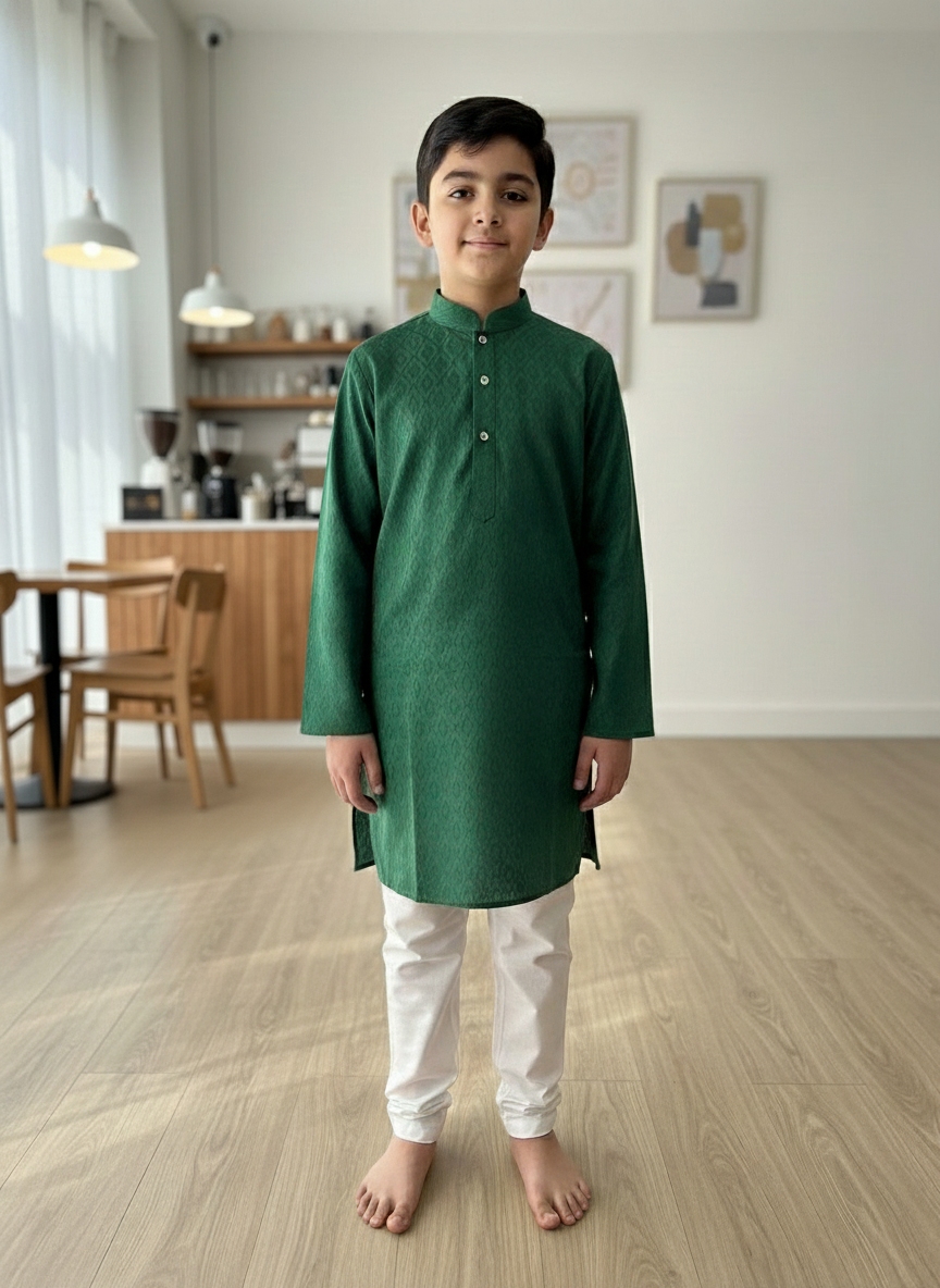 Rama green print Kurta with white Pajama Set For Boys | AS-K5