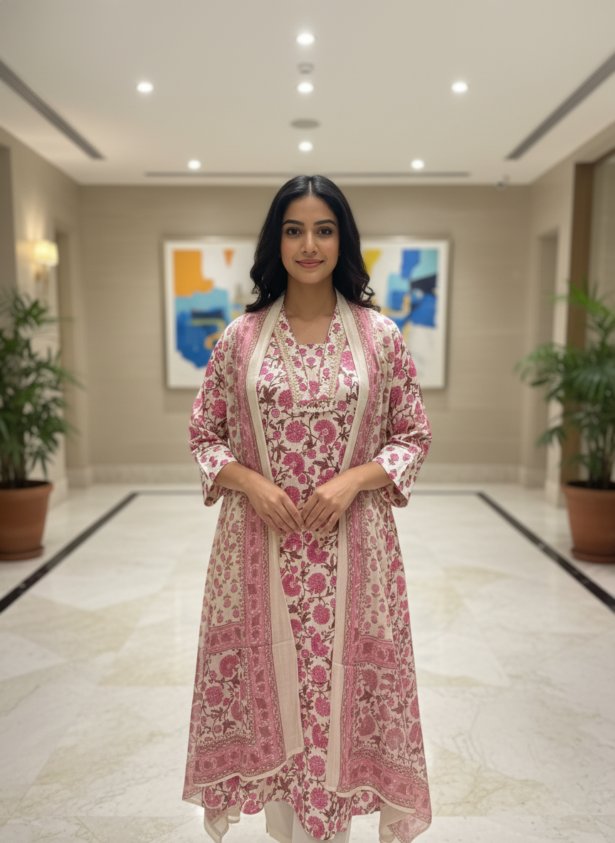 Pink Cotton Printed Anarkali with Dupatta| AS-00170