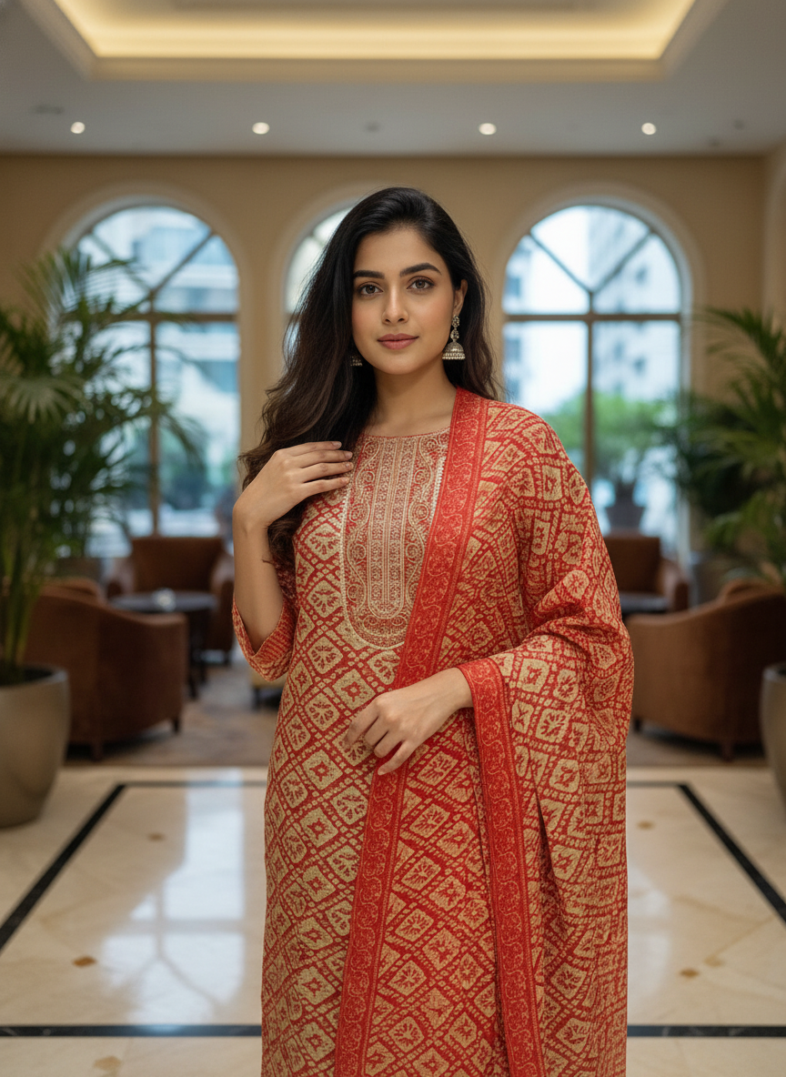 Red Cotton Printed Salwar Suit with Dupatta| AS-00173