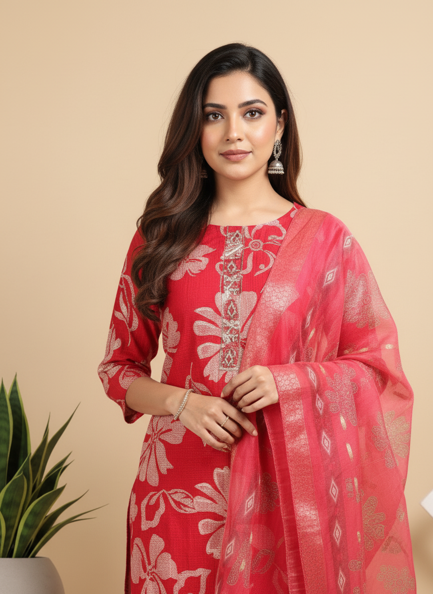 Red Printed Kurti Set For Women| AS-00197