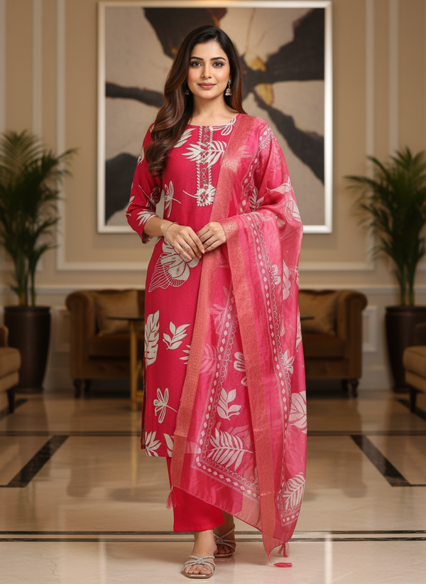 Pink Printed Kurti Set For Women| AS-00196