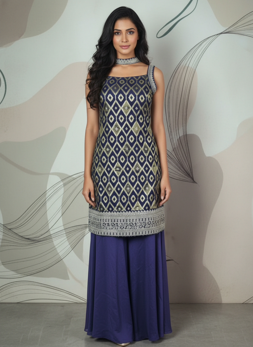 Navy Blue silk Palazzo Set With Dupatta| AS-00261