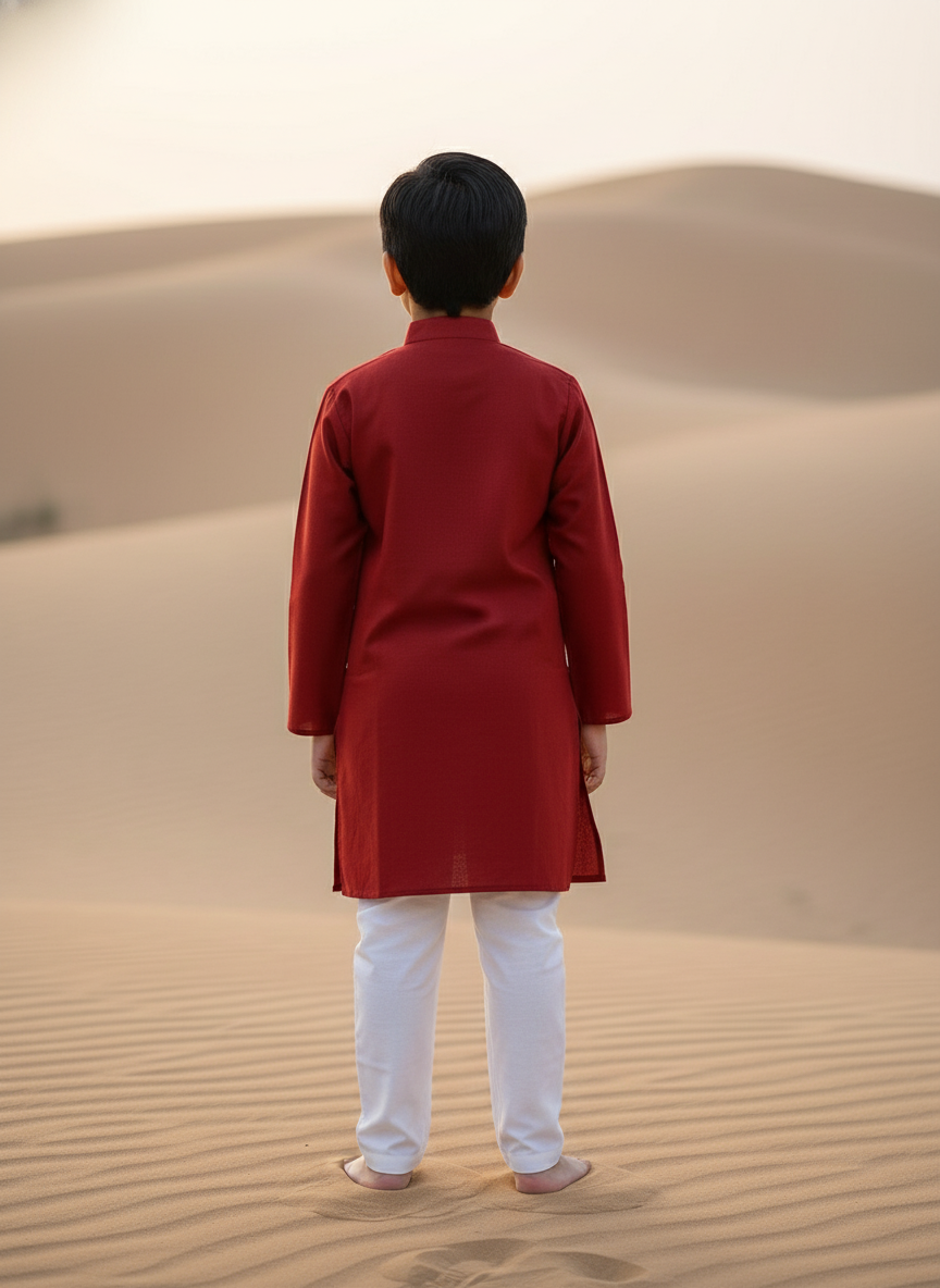 Red Solid Kurta with white Pajama Set For Boys | AS-K3