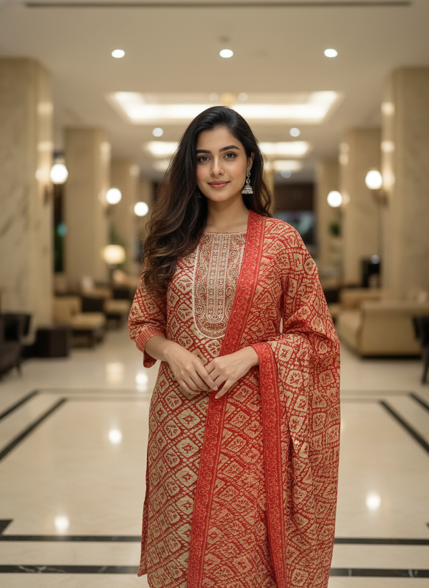 Red Cotton Printed Salwar Suit with Dupatta| AS-00173