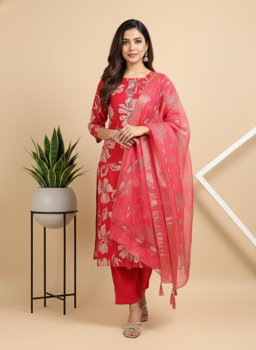 Red Printed Kurti Set For Women| AS-00197