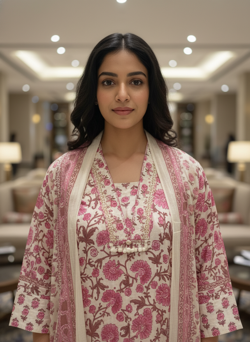 Pink Cotton Printed Anarkali with Dupatta| AS-00170