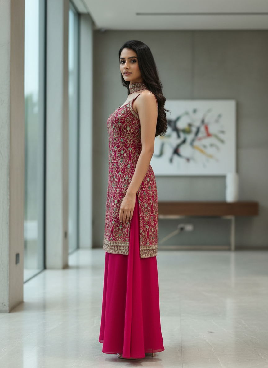 Pink  silk Palazzo Set With Dupatta| AS-00257