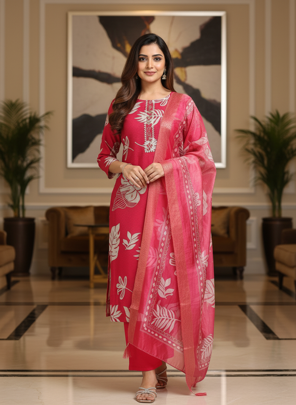 Pink Printed Kurti Set For Women| AS-00196