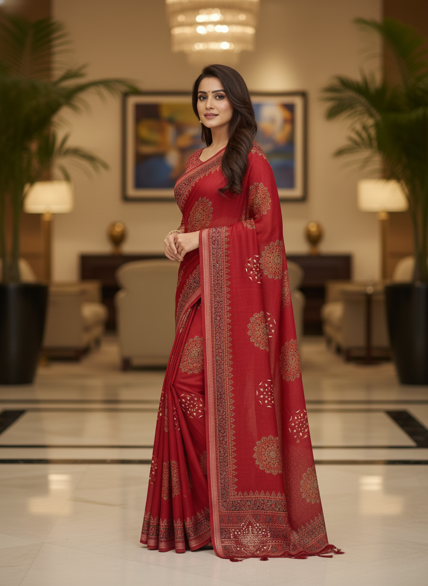 Red Multicolor Saree with Pattern Print | AS-00107