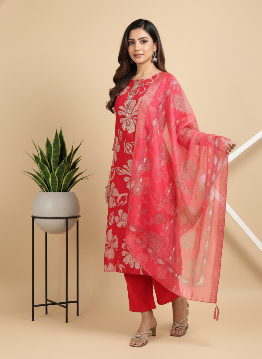 Red Printed Kurti Set For Women| AS-00197