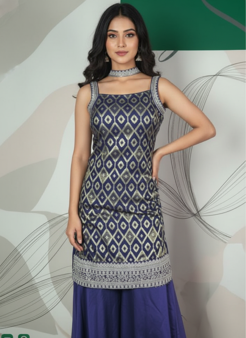 Navy Blue silk Palazzo Set With Dupatta| AS-00261