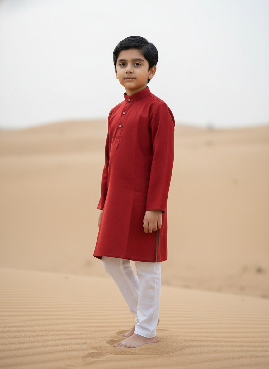 Red Solid Kurta with white Pajama Set For Boys | AS-K3