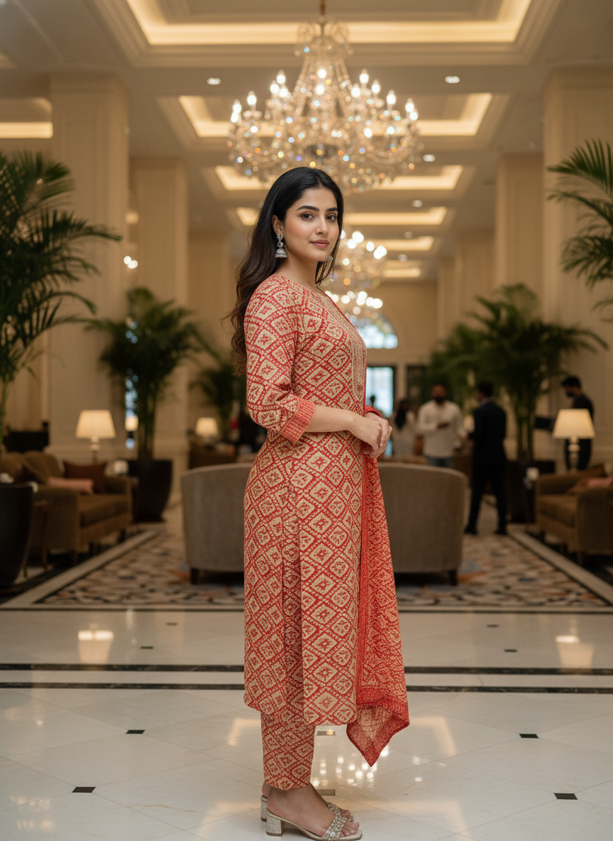 Red Cotton Printed Salwar Suit with Dupatta| AS-00173