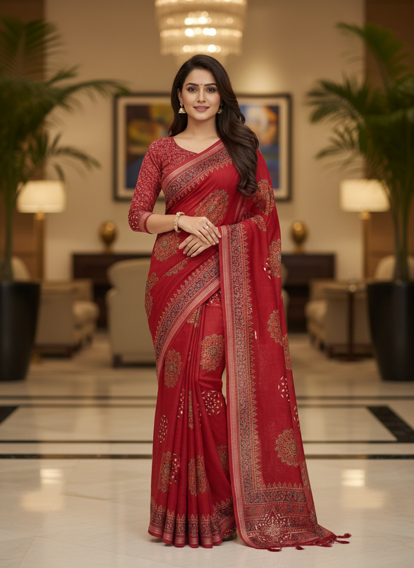 Red Multicolor Saree with Pattern Print | AS-00107
