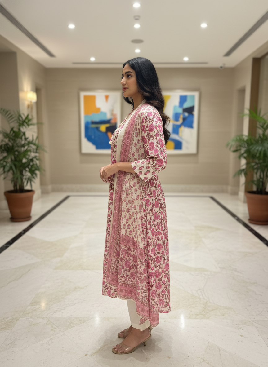 Pink Cotton Printed Anarkali with Dupatta| AS-00170