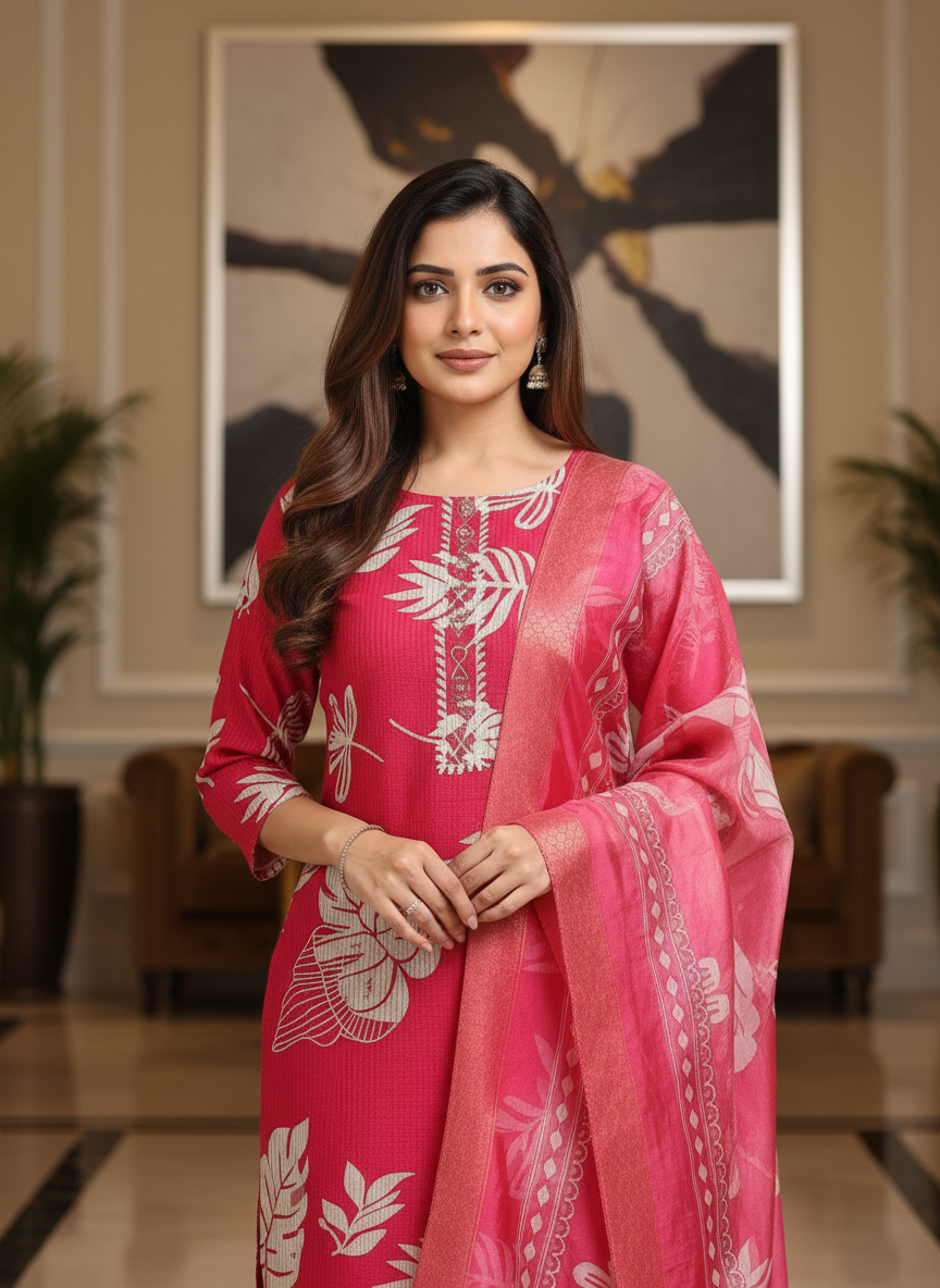 Pink Printed Kurti Set For Women| AS-00196