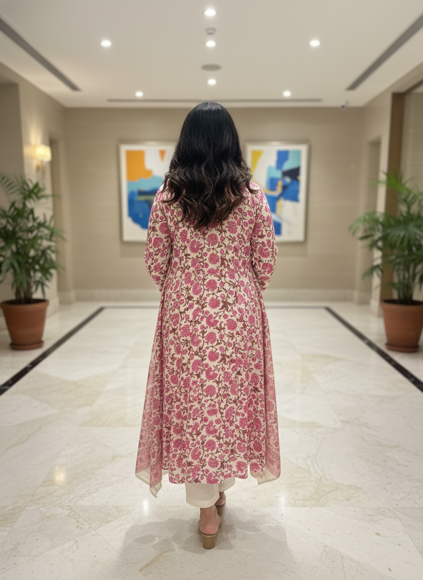 Pink Cotton Printed Anarkali with Dupatta| AS-00170