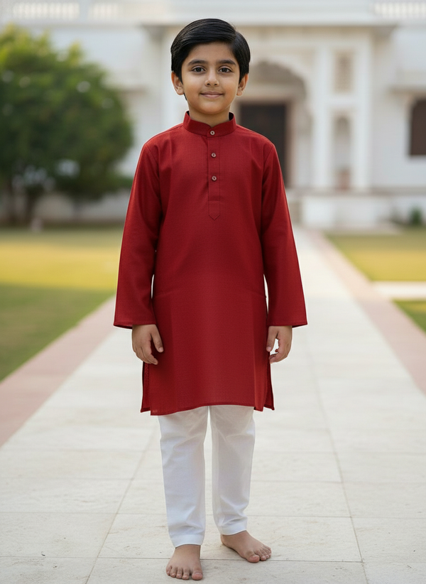 Red Solid Kurta with white Pajama Set For Boys | AS-K3
