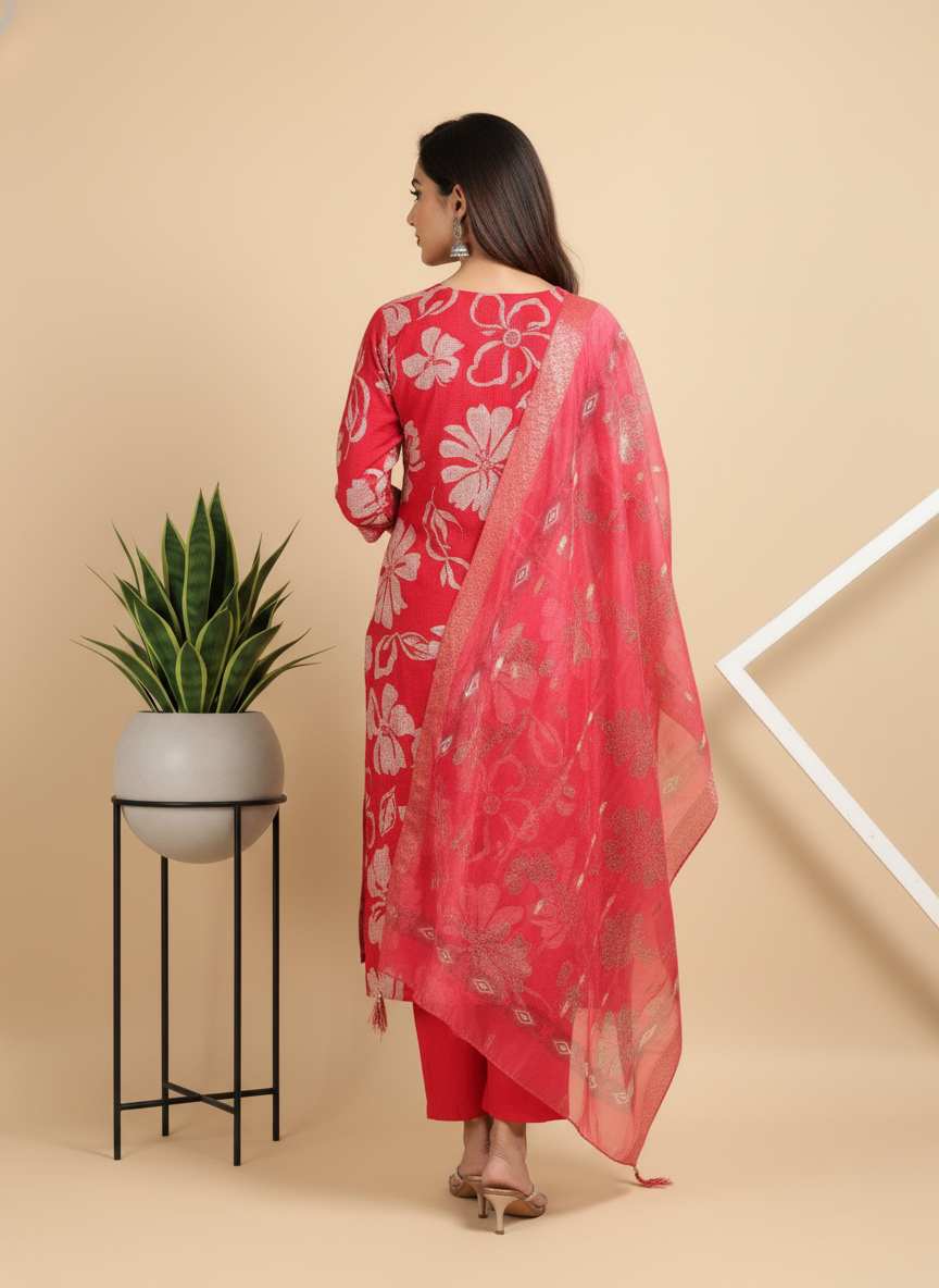 Red Printed Kurti Set For Women| AS-00197