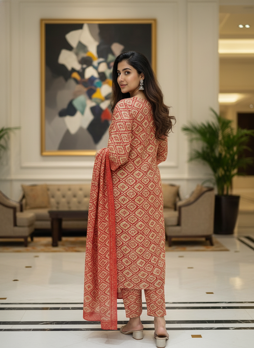 Red Cotton Printed Salwar Suit with Dupatta| AS-00173