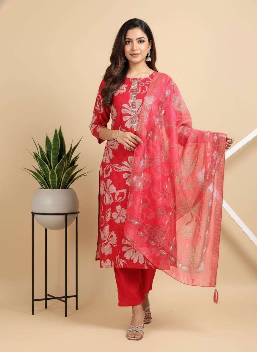 Red Printed Kurti Set For Women| AS-00197