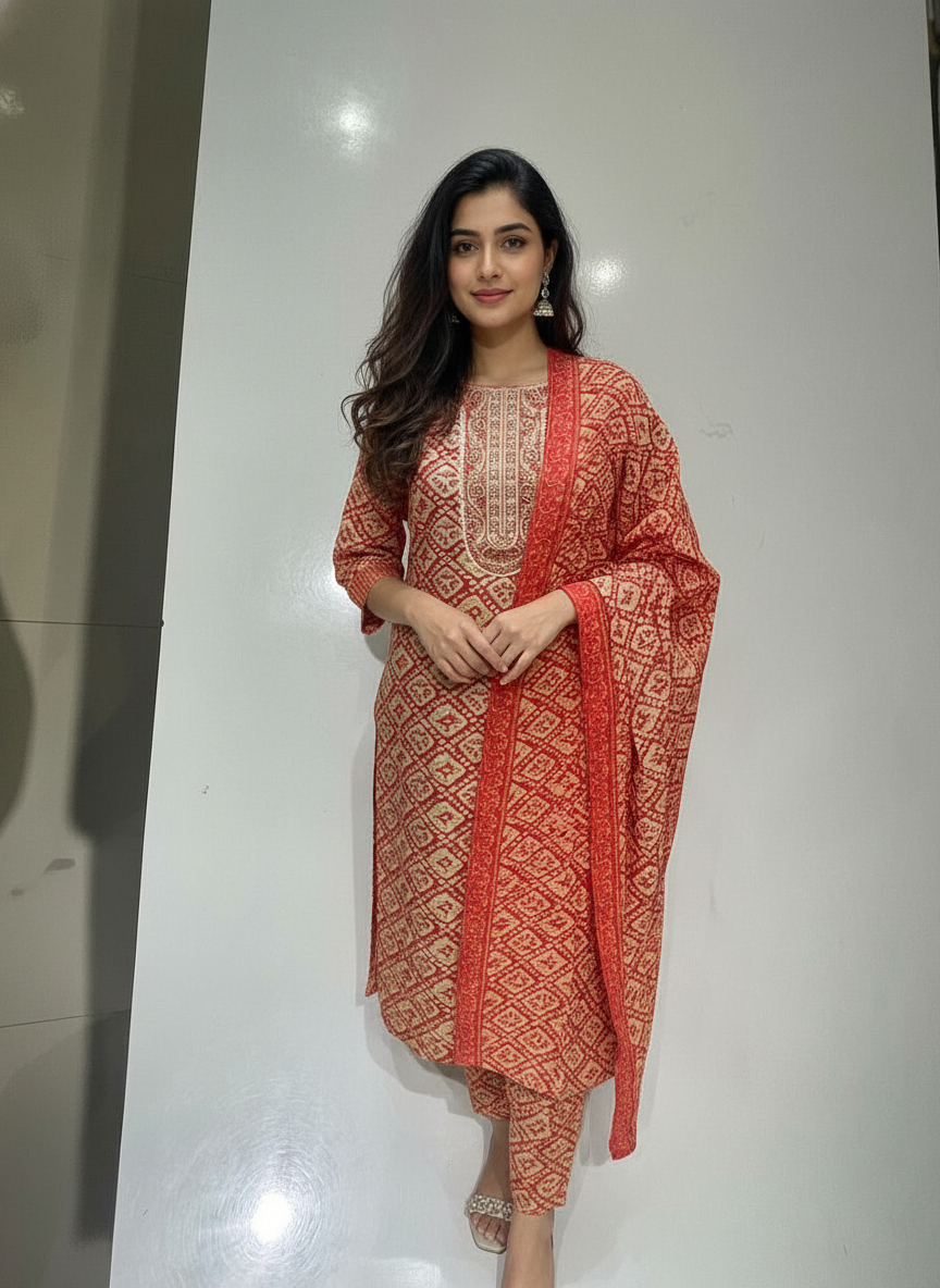 Red Cotton Printed Salwar Suit with Dupatta| AS-00173