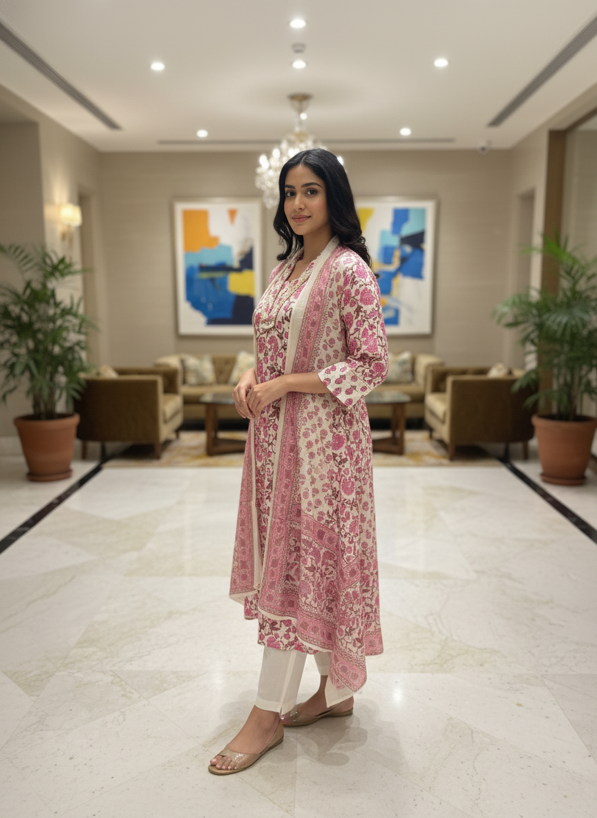 Pink Cotton Printed Anarkali with Dupatta| AS-00170