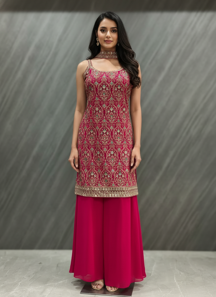 Pink  silk Palazzo Set With Dupatta| AS-00257