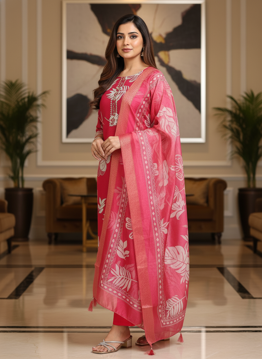 Pink Printed Kurti Set For Women| AS-00196