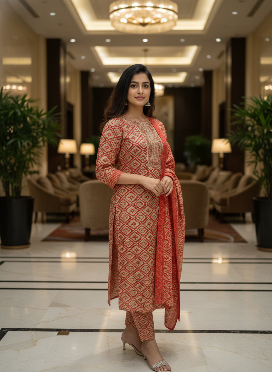 Red Cotton Printed Salwar Suit with Dupatta| AS-00173