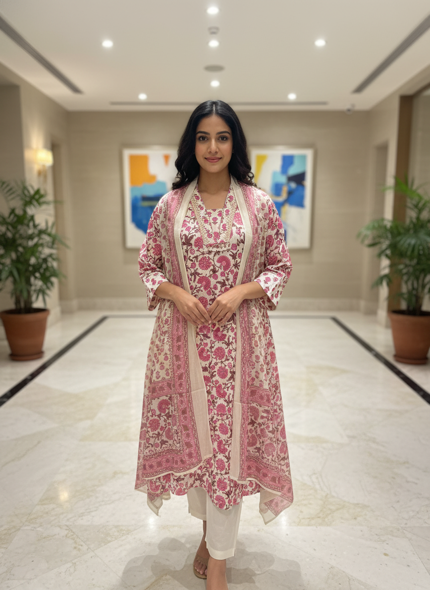 Pink Cotton Printed Anarkali with Dupatta| AS-00170