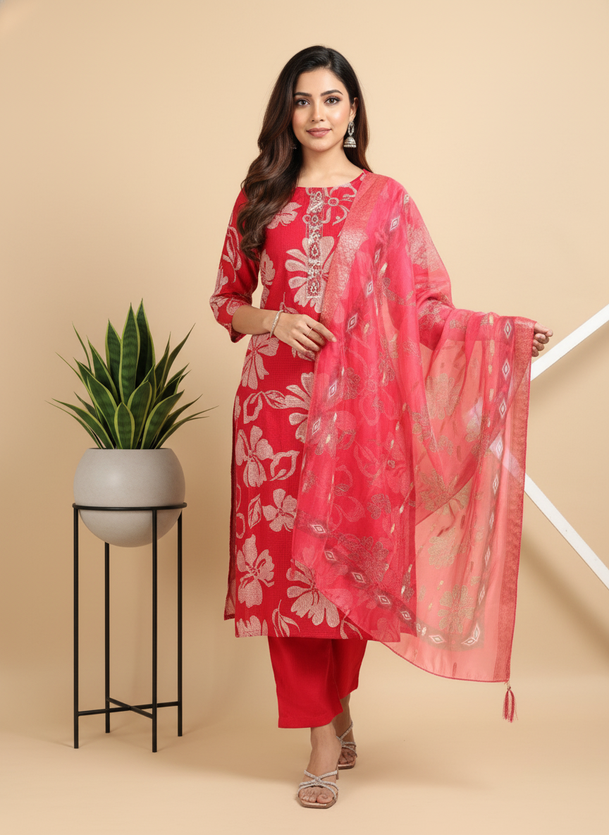 Red Printed Kurti Set For Women| AS-00197