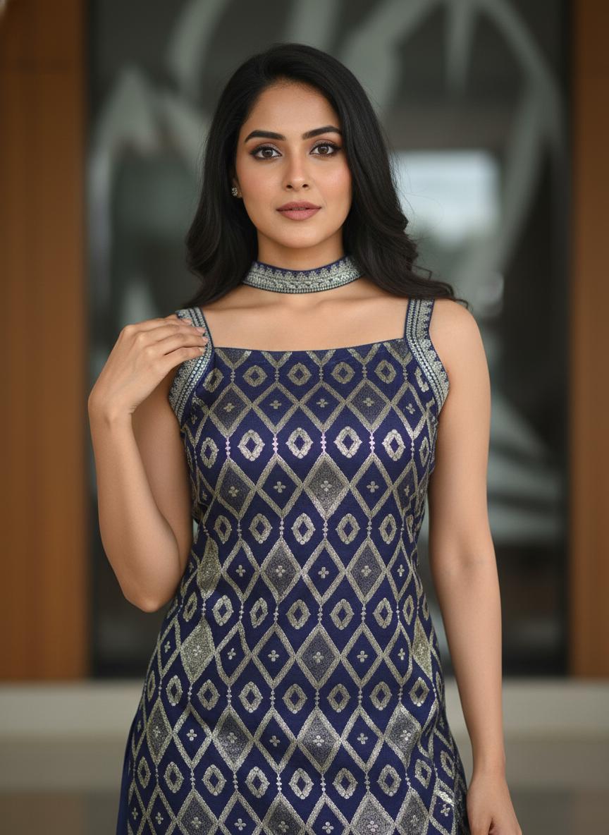 Navy Blue silk Palazzo Set With Dupatta| AS-00261