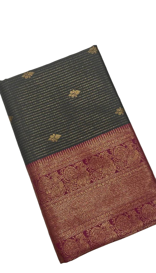 Dark Grey Semi Kanchipuram Silk Saree with Rani Pink Zari Border|S4_8