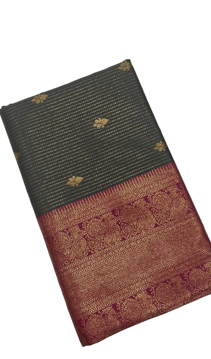Dark Grey Semi Kanchipuram Silk Saree with Rani Pink Zari Border|S4_8