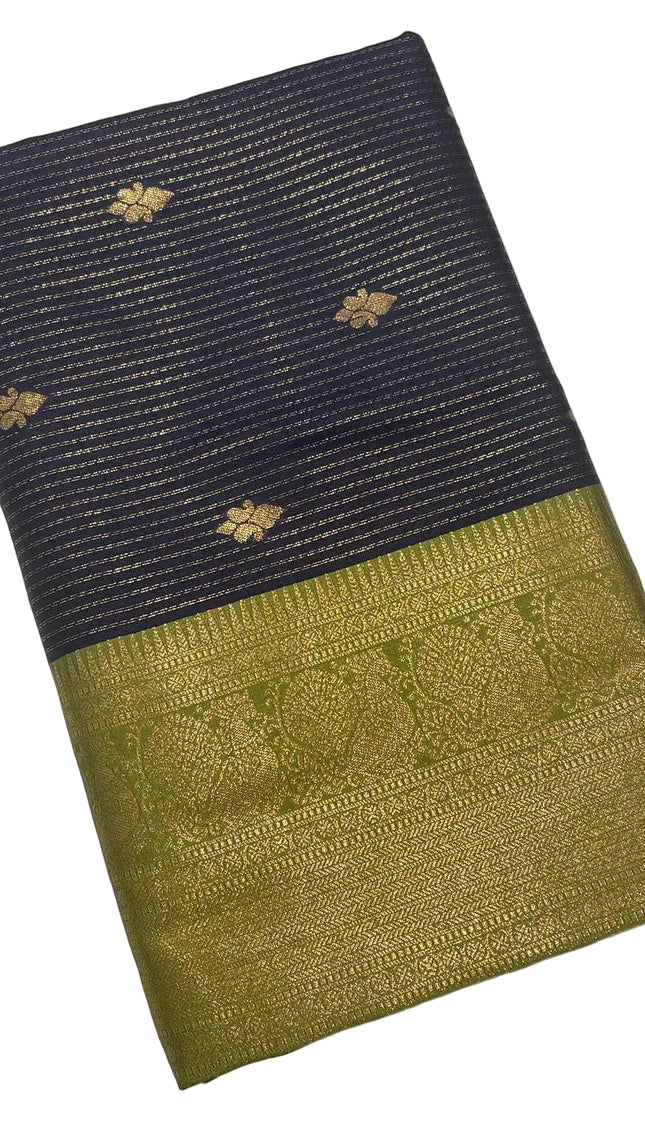 Navy Blue Semi Kanchipuram Silk Saree with Olive Green Zari Border|S4_4