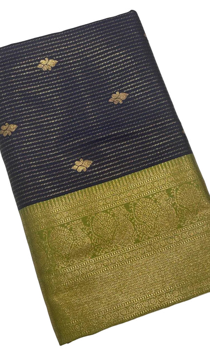 Navy Blue Semi Kanchipuram Silk Saree with Olive Green Zari Border|S4_4