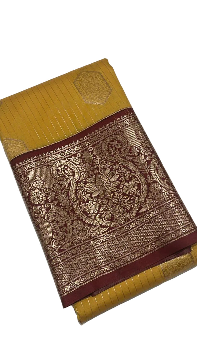 Traditional Mustard Yellow Semi Kanchipuram Saree with Rich Zari Border|S5_2